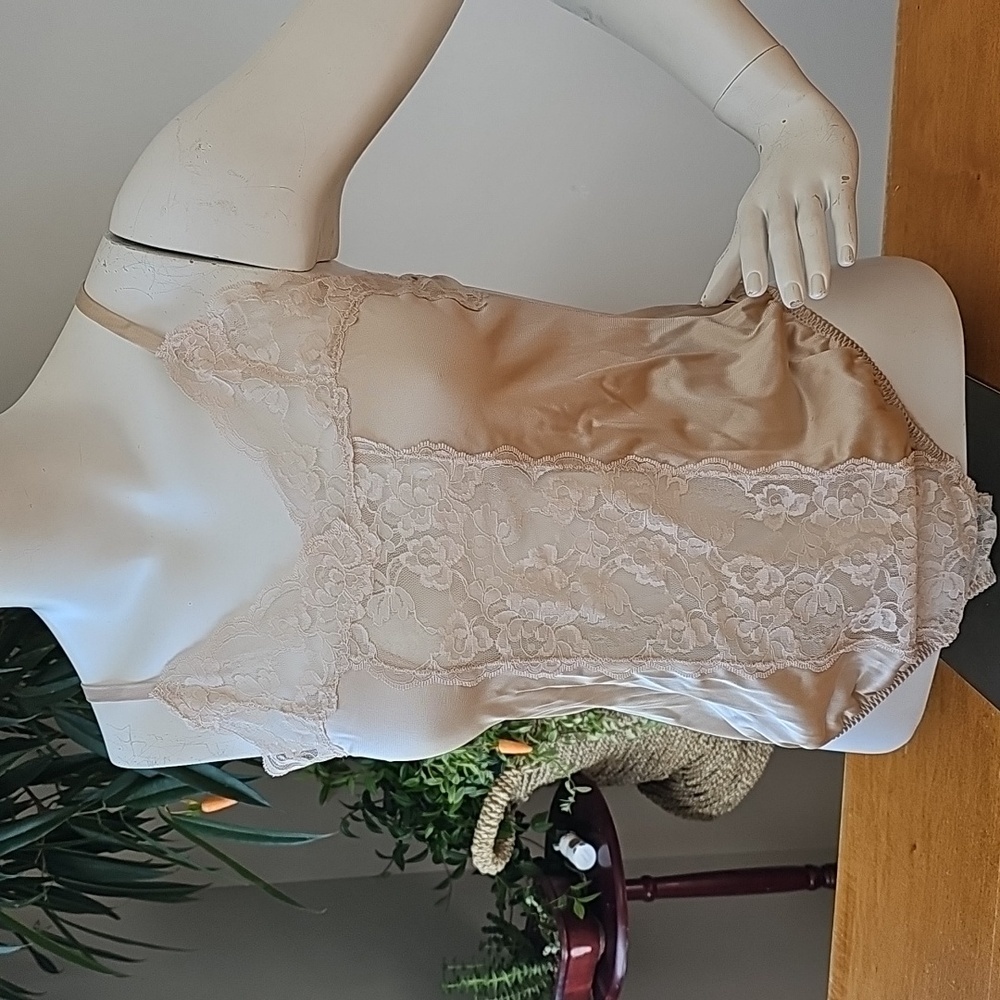 Vintage 80s Lily Of France Champagne Satin Floral Lace Lingerie Bodysuit